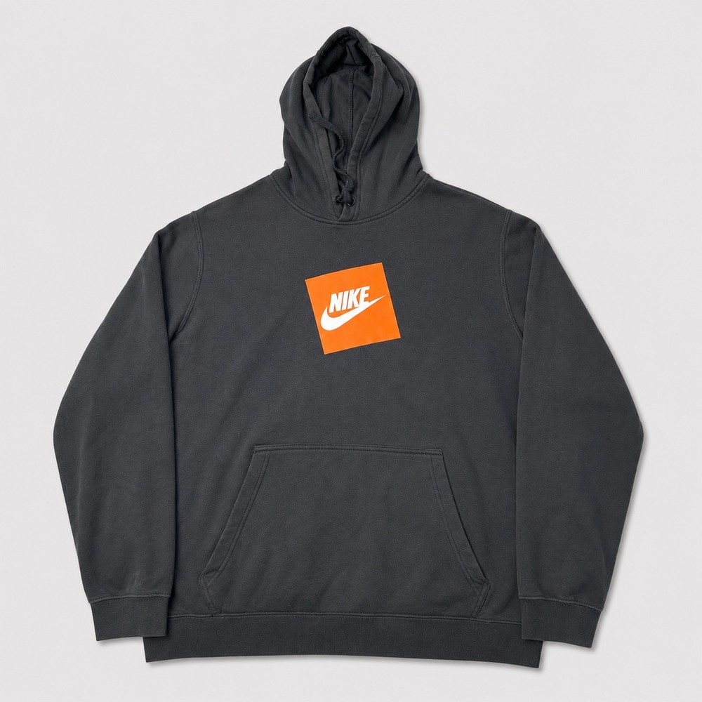 Nike Mens Large Black Orange Box Logo Pullover Hoodie Sweatshirt Distressed - Picture 1 of 12